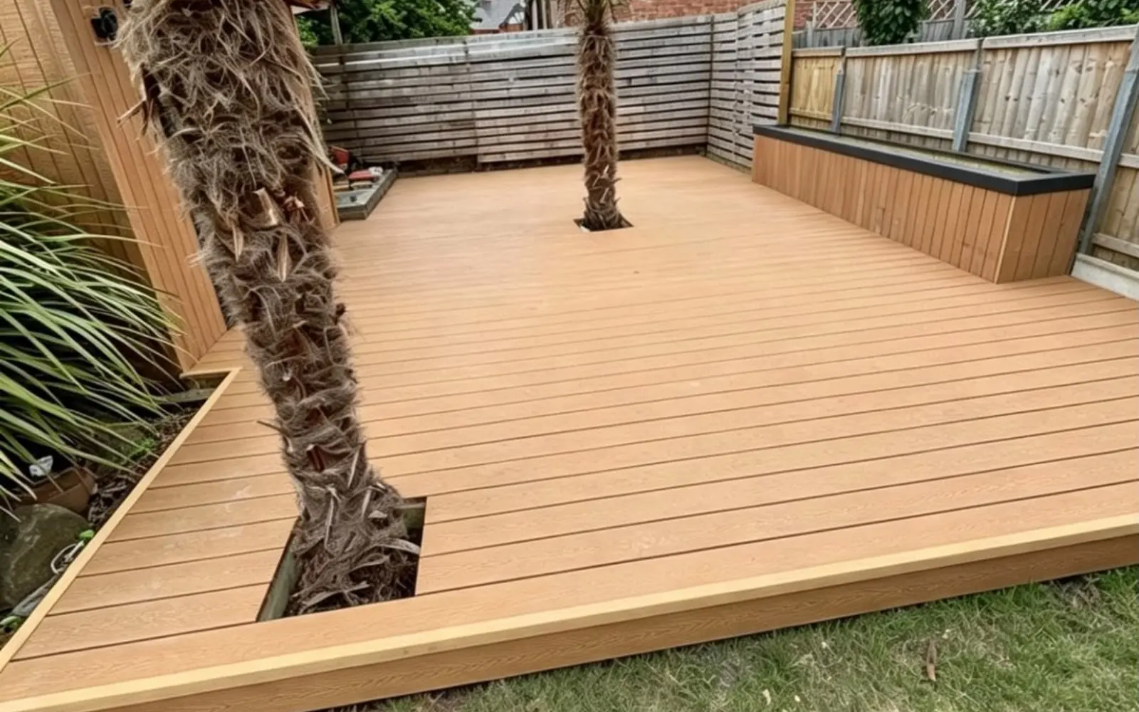 Bespoke composite garden decking built around established palm trees