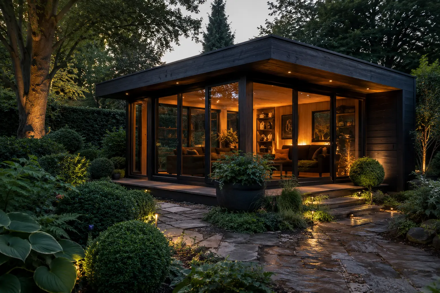 Garden room with new porcelain terrace and raised timber planting beds