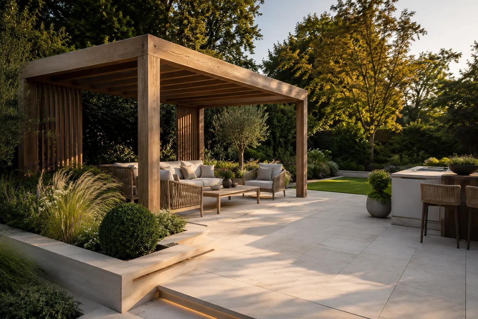 Timber pergola over a paved patio completed by Talbots